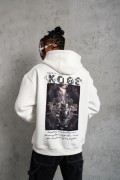 Erkek 3 İplik Pamuklu Kapüşonlu Baskılı Cepli Oversize Sweatshirt Hoodie - Beyaz