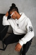 Erkek 3 İplik Pamuklu Kapüşonlu Baskılı Cepli Oversize Sweatshirt Hoodie - Beyaz