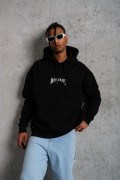Erkek Baskılı Kapüşonlu ve Kanguru Cepli Sweatshirt hoodie- Siyah