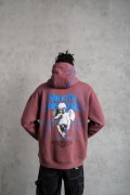 Erkek 3 İplik Pamuklu Kapüşonlu Baskılı Cepli Sweatshirt Hoodie - Gül Kurusu