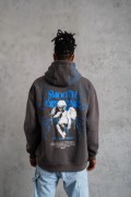 Erkek 3 İplik Pamuklu Kapüşonlu Baskılı Cepli Oversize Sweatshirt Hoodie - Gri