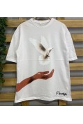 Kadın Kısa Kol Yazlık Tişört Bisiklet Yaka Uzi Güvercin Baskılı T-Shirt - Beyaz