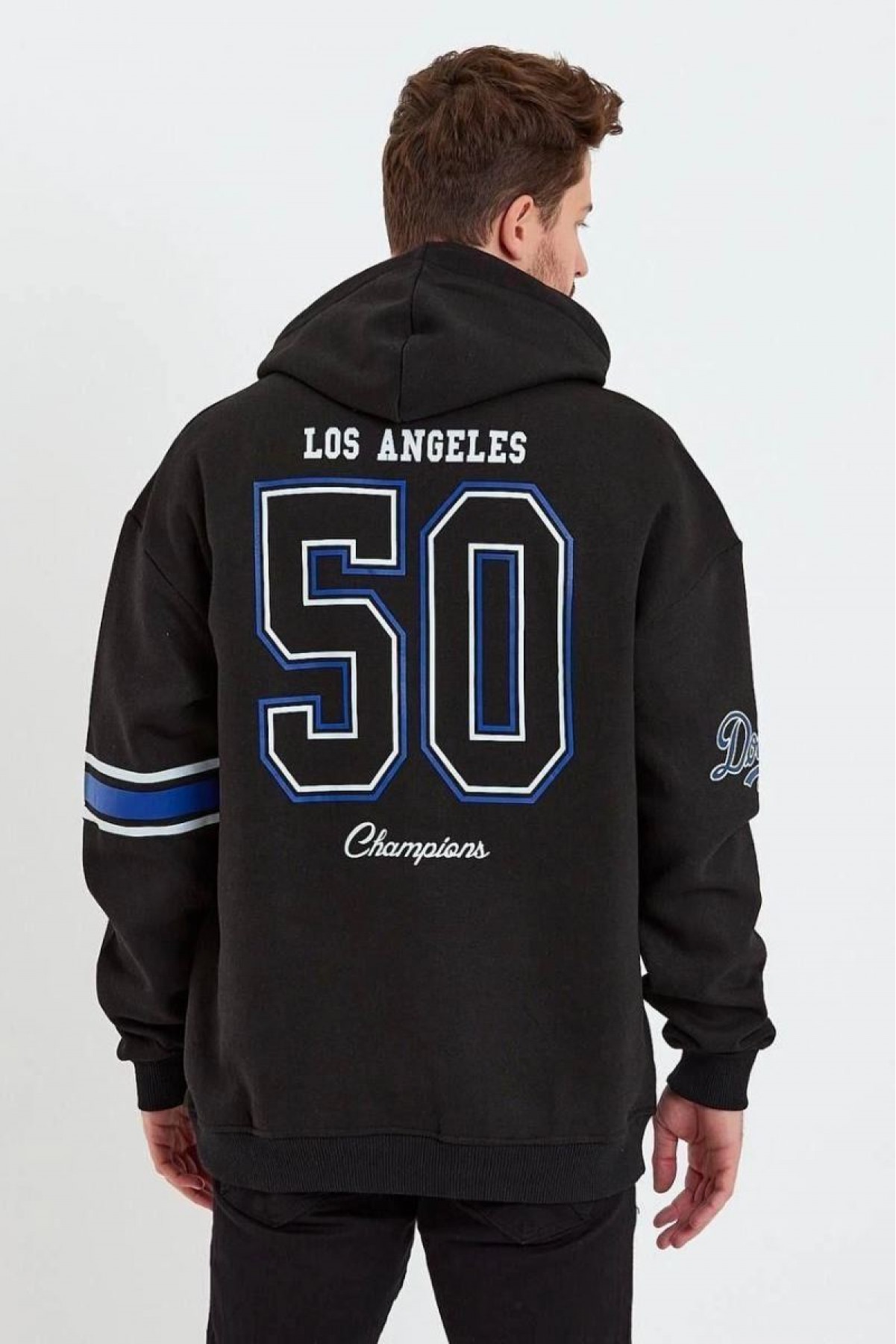 Erkek 3 İplik Pamuklu Kapüşonlu Baskılı Cepli Oversize Sweatshirt Hoodie - Siyah