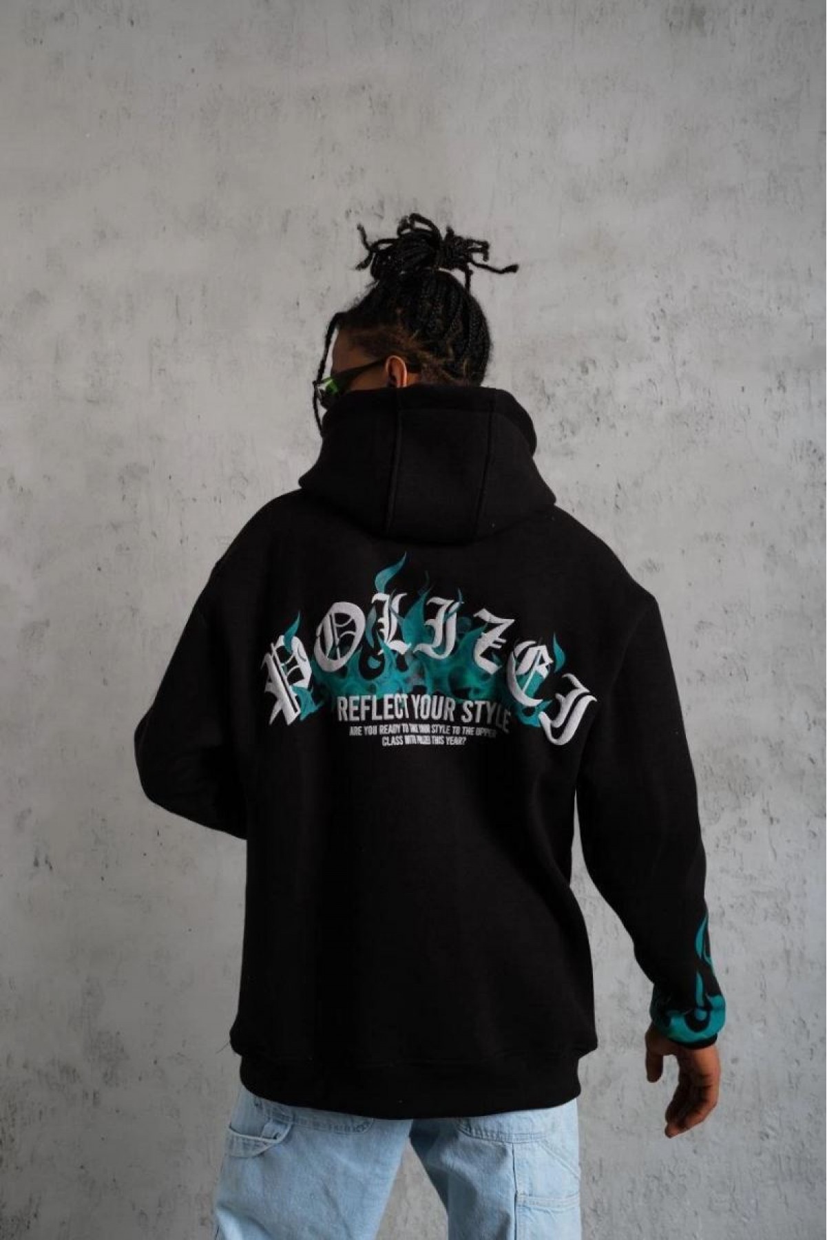 Erkek 3 İplik Pamuklu Alev Baskılı Kapüşonlu hoodie Sweatshirt - Siyah