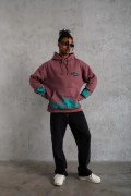 Erkek 3 İplik içi Pamuklu Alev Baskılı Kapüşonlu hoodie Sweatshirt - Gül Kurusu