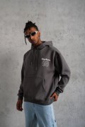 Erkek 3 İplik Pamuklu Kapüşonlu Baskılı Cepli Oversize Sweatshirt Hoodie - Gri