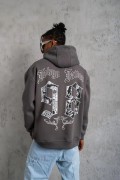 Erkek 3 İplik Pamuklu Kapüşonlu Baskılı Cepli Oversize Sweatshirt Hoodie - Gri