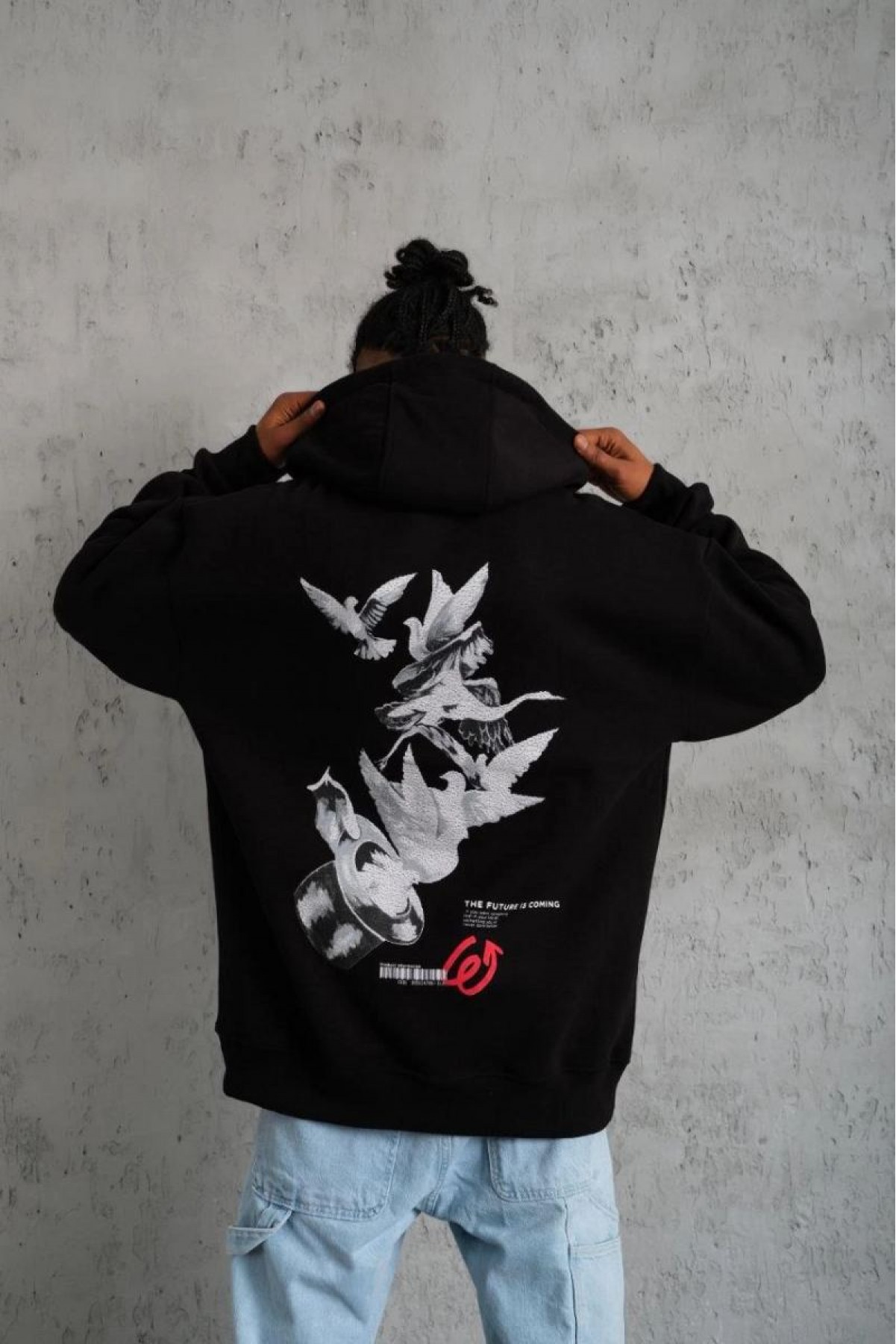 Erkek 3 İplik Pamuklu Kapüşonlu Baskılı Cepli Oversize Sweatshirt Hoodie - Siyah