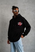 Erkek 3 İplik Pamuklu Kapüşonlu Baskılı Cepli Oversize Sweatshirt Hoodie - Siyah