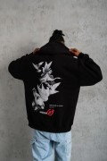 Erkek 3 İplik Pamuklu Kapüşonlu Baskılı Cepli Oversize Sweatshirt Hoodie - Siyah