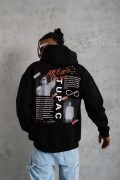 Erkek 3 İplik Pamuklu Kapüşonlu Baskılı Cepli Oversize Sweatshirt Hoodie - Siyah