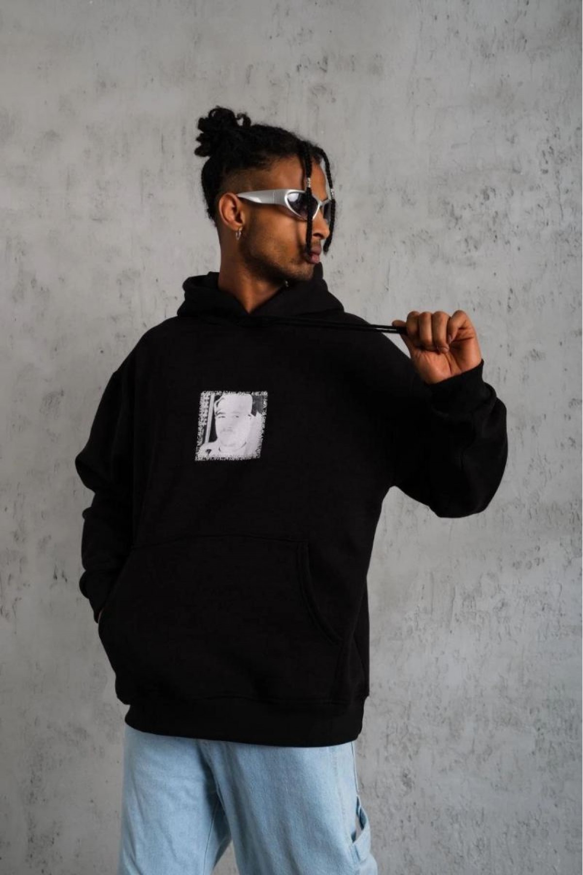 Erkek 3 İplik Pamuklu Kapüşonlu Baskılı Cepli Oversize Sweatshirt Hoodie - Siyah