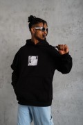 Erkek 3 İplik Pamuklu Kapüşonlu Baskılı Cepli Oversize Sweatshirt Hoodie - Siyah