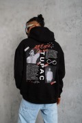 Erkek 3 İplik Pamuklu Kapüşonlu Baskılı Cepli Oversize Sweatshirt Hoodie - Siyah