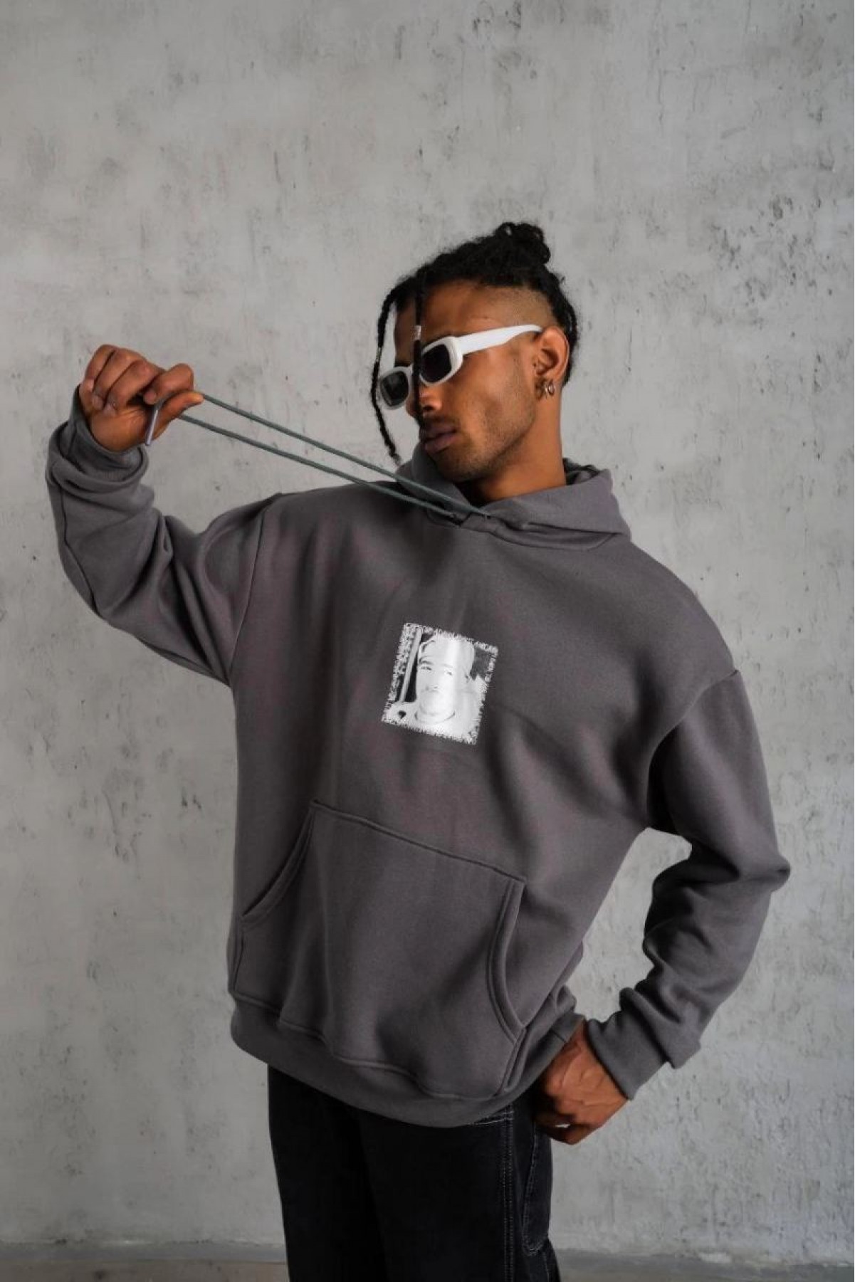 Erkek 3 İplik Pamuklu Kapüşonlu Baskılı Cepli Oversize Sweatshirt Hoodie - Gri