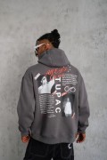 Erkek 3 İplik Pamuklu Kapüşonlu Baskılı Cepli Oversize Sweatshirt Hoodie - Gri