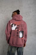 Erkek 3 İplik Pamuklu Kapüşonlu Baskılı Cepli Sweatshirt Hoodie - Gül Kurusu