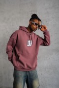 Erkek 3 İplik Pamuklu Kapüşonlu Baskılı Cepli Sweatshirt Hoodie - Gül Kurusu