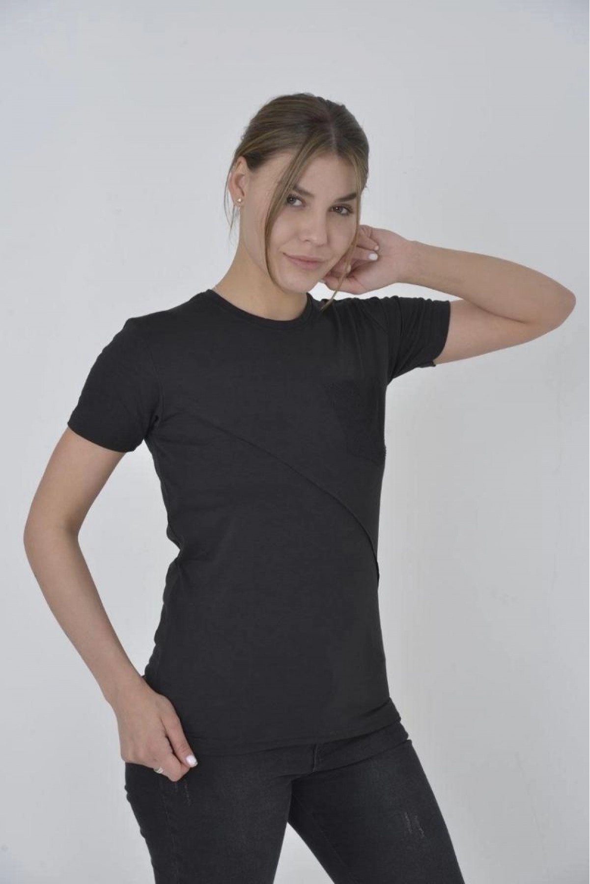 Kadın File Cepli T-Shirt Kısa Kol Bisiklet Yaka Slimfit Tişört  - Siyah