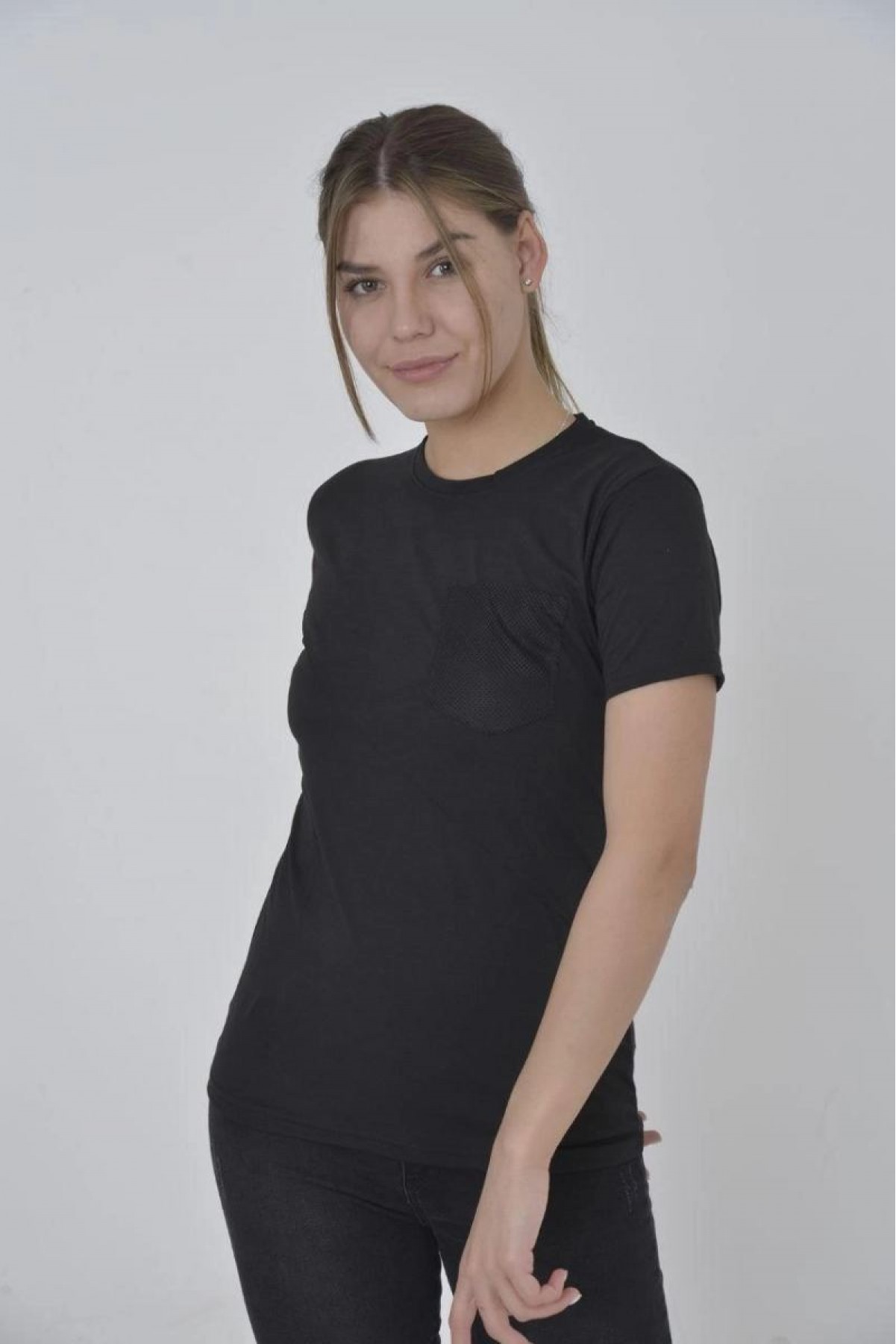 Kadın File Cepli T-Shirt Kısa Kol Bisiklet Yaka Slimfit Tişört  - Siyah