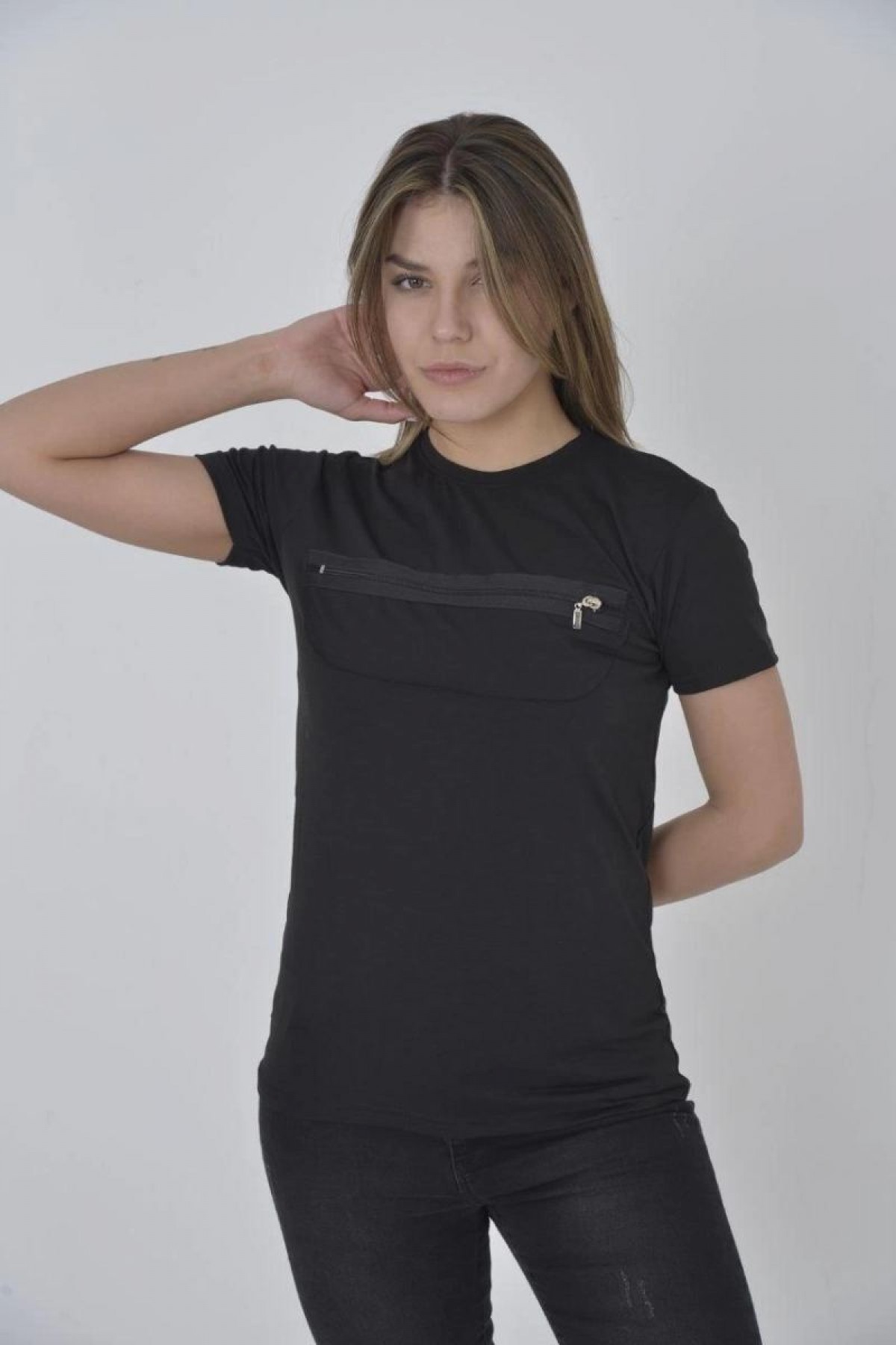 Kadın Gögüs Fermuarlı T-Shirt Kısa Kol Bisiklet Yaka Slimfit Tişört - Siyah