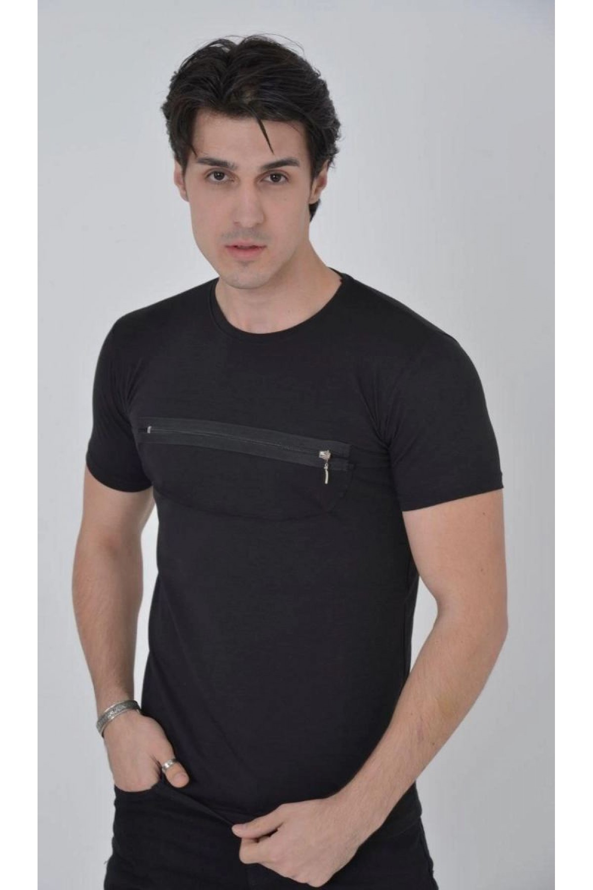 Erkek Gögüs Fermuarlı T-Shirt Kısa Kol Bisiklet Yaka Slimfit Tişört - Siyah