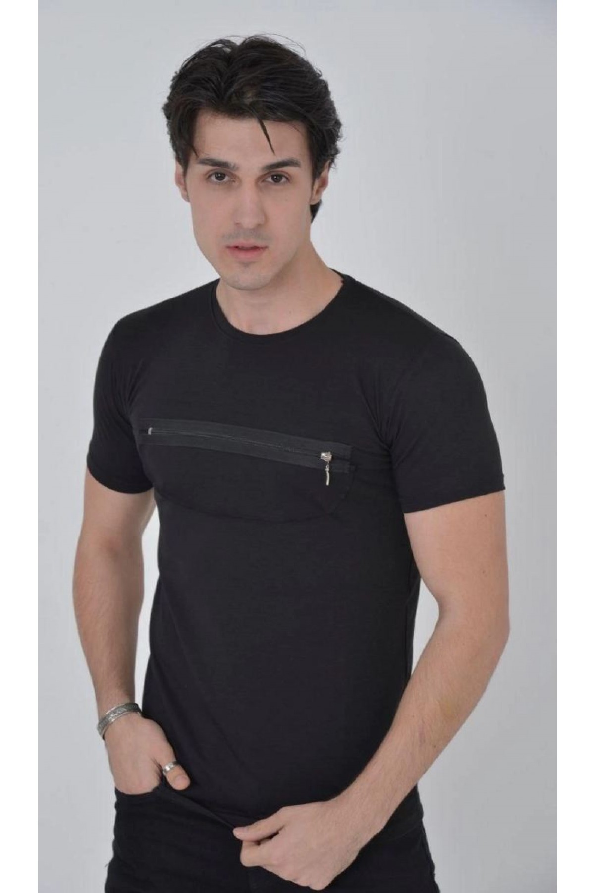 Erkek Gögüs Fermuarlı T-Shirt Kısa Kol Bisiklet Yaka Slimfit Tişört - Siyah