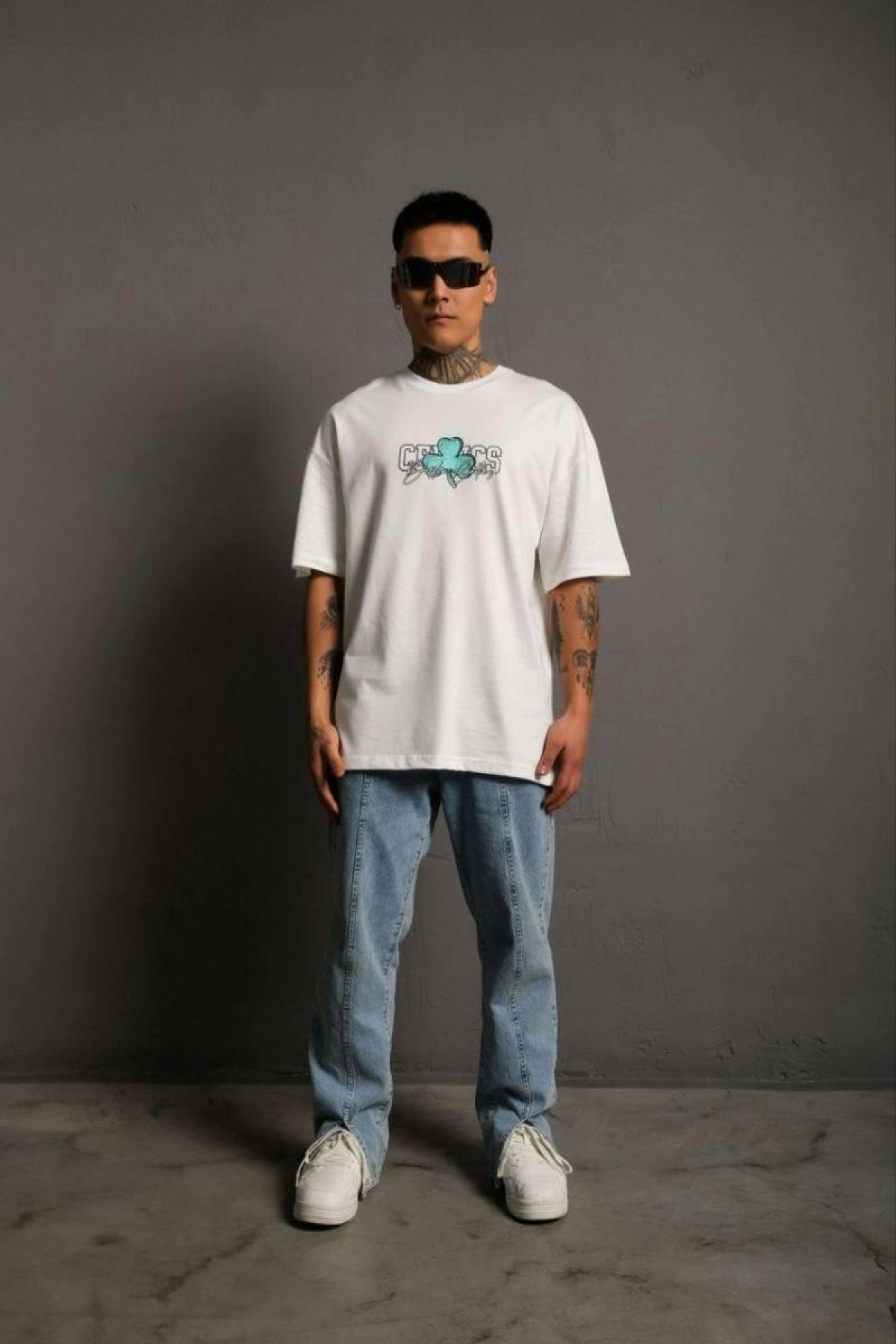 Erkek Kısa Kol Yazlık Tişört Bisiklet Yaka Baskılı Oversize T-Shirt - Beyaz