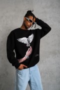Erkek Güvercin Baskılı 3 iplik Bisiklet Yaka ipamuklu Sweatshirt - Siyah