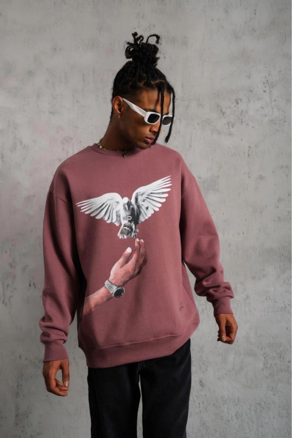 Erkek Güvercin Baskılı Bisiklet Yaka Sweatshirt 3 iplik pamuklu - Gül Kurusu