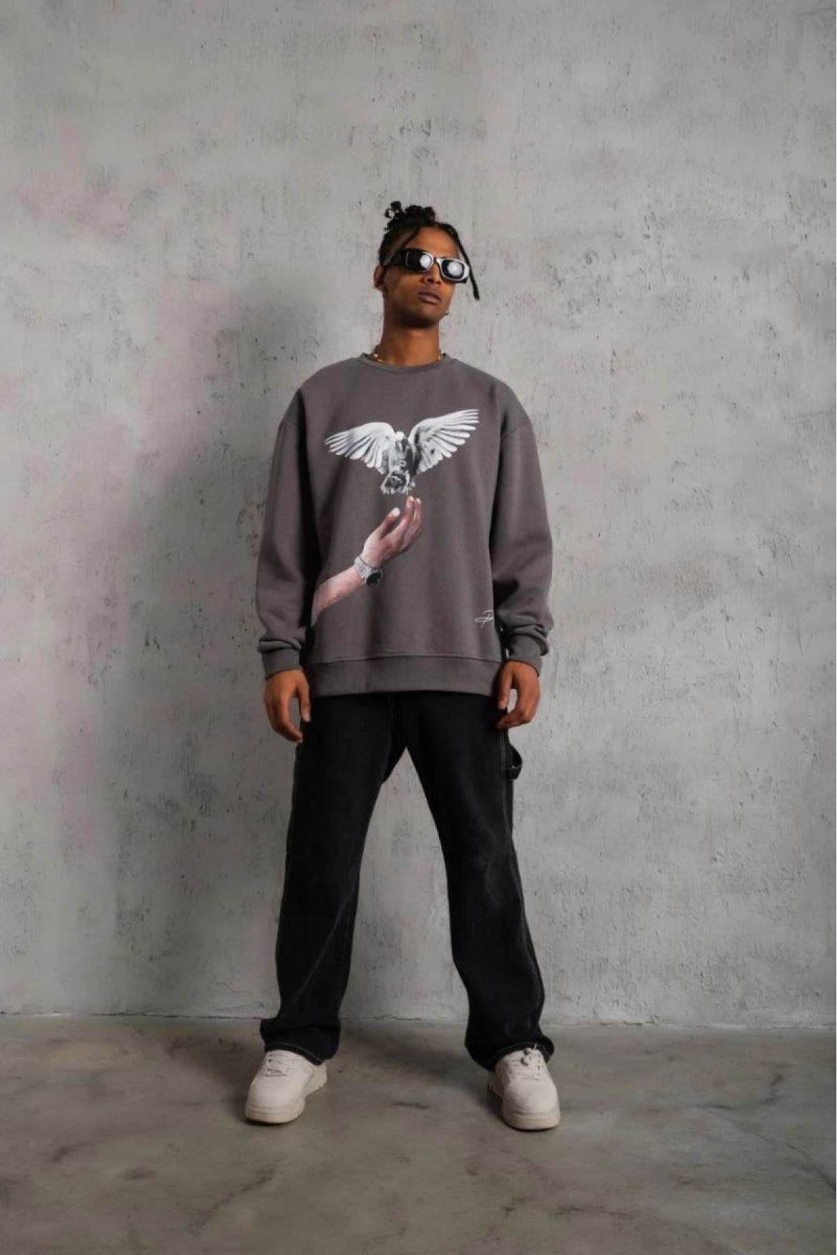 Erkek Güvercin Baskılı 3 iplik pamuklu Bisiklet Yaka Sweatshirt - Gri