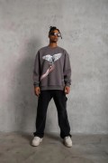 Erkek Güvercin Baskılı 3 iplik pamuklu Bisiklet Yaka Sweatshirt - Gri