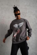 Erkek Güvercin Baskılı 3 iplik pamuklu Bisiklet Yaka Sweatshirt - Gri
