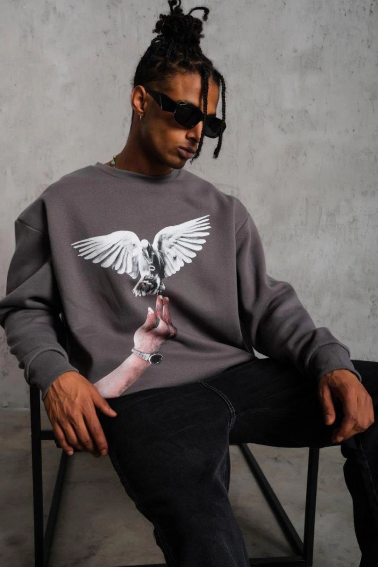 Erkek Güvercin Baskılı 3 iplik pamuklu Bisiklet Yaka Sweatshirt - Gri