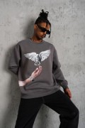 Erkek Güvercin Baskılı 3 iplik pamuklu Bisiklet Yaka Sweatshirt - Gri