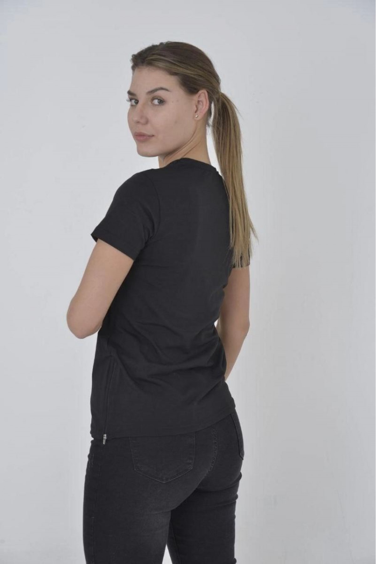 Kadın Yanlardan Fermuarlı T-Shirt Kısa Kol Bisiklet Yaka Slimfit Tişört  - Siyah