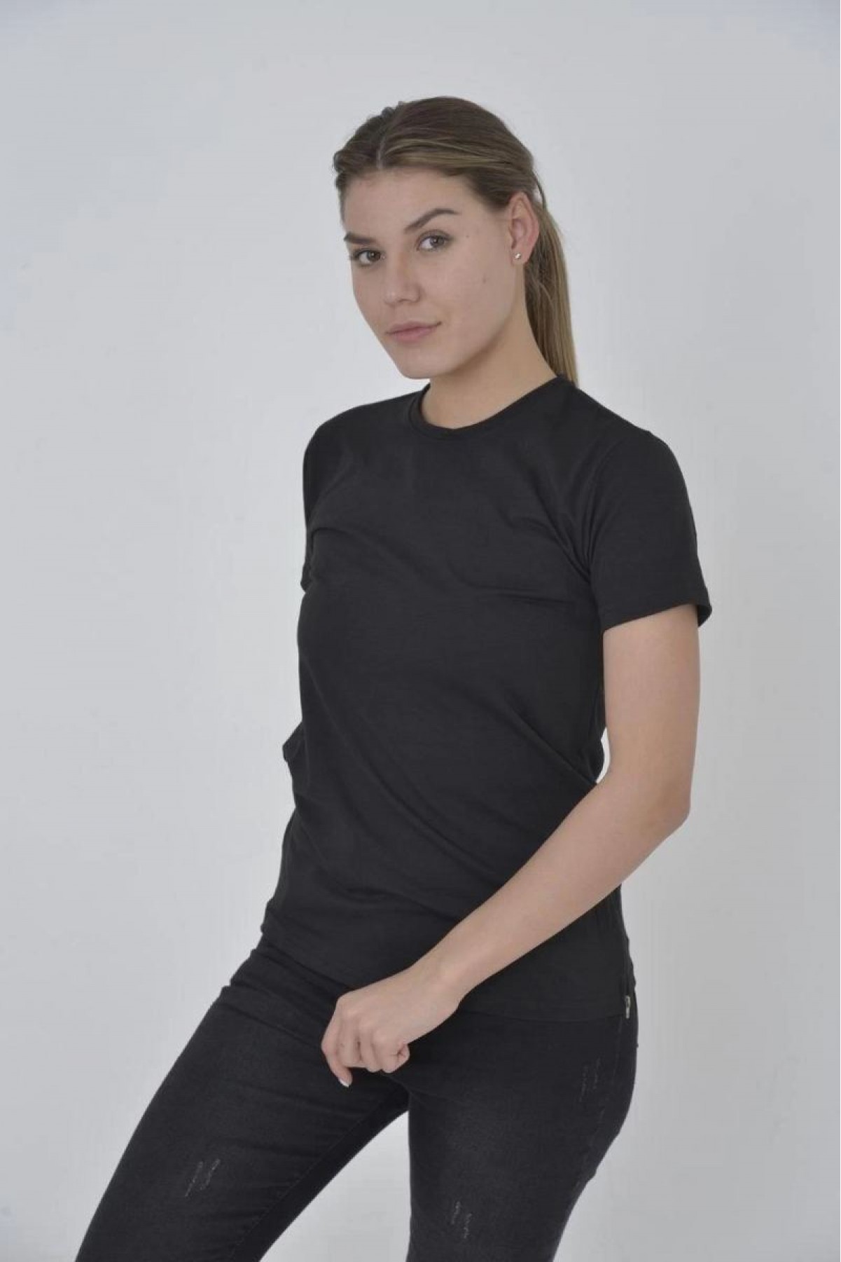 Kadın Yanlardan Fermuarlı T-Shirt Kısa Kol Bisiklet Yaka Slimfit Tişört  - Siyah