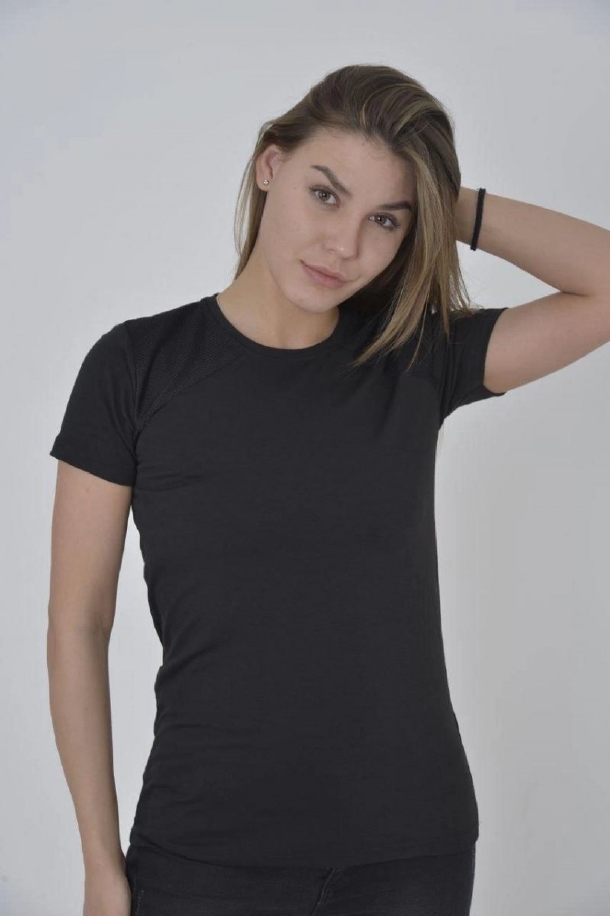 Kadın Omuz Fileli T-Shirt Kısa Kol Bisiklet Yaka Slimfit Tişört  - Siyah