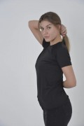 Kadın Omuz Fileli T-Shirt Kısa Kol Bisiklet Yaka Slimfit Tişört  - Siyah