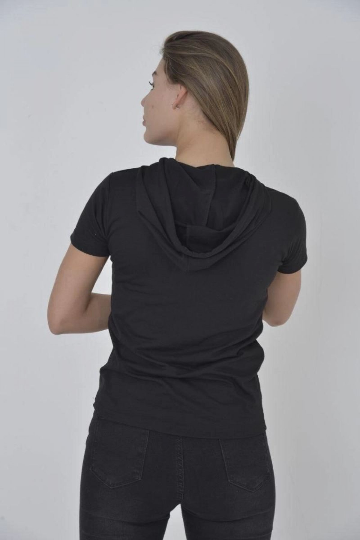 Kadın Kapüşonlu T-Shirt Kısa Kol Bisiklet Yaka Slimfit Tişört   - Siyah