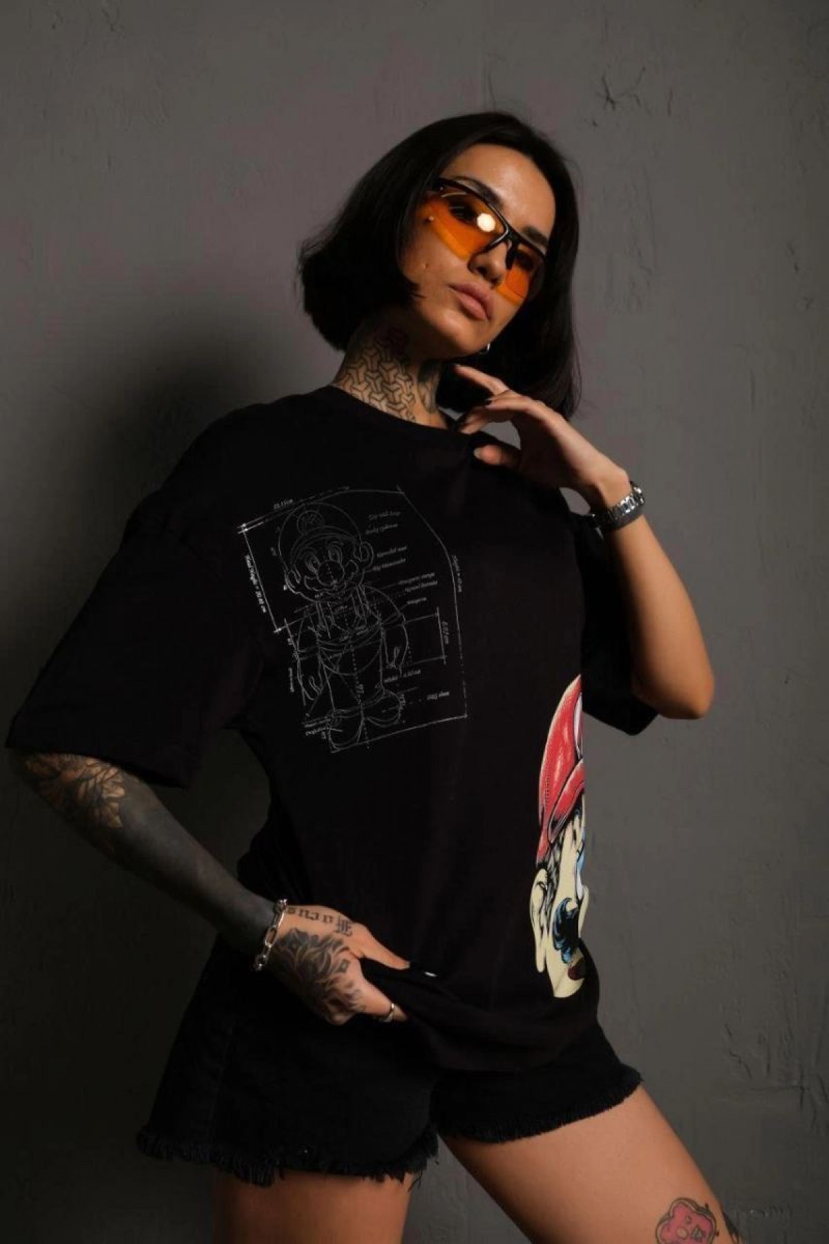Kadın Mario Baskılı T-Shirt Oversize Kısa kol Bisiklet yaka tişort - Siyah