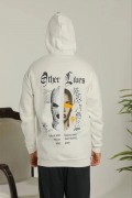 Erkek 3 İplik Pamuklu Kapüşonlu Baskılı Cepli Oversize Sweatshirt Hoodie - Beyaz