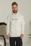 Erkek 3 İplik Pamuklu Kapüşonlu Baskılı Cepli Oversize Sweatshirt Hoodie - Beyaz
