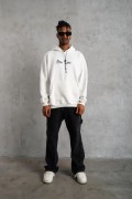 Erkek 3 İplik Pamuklu Kapüşonlu Baskılı Cepli Oversize Sweatshirt Hoodie - Beyaz