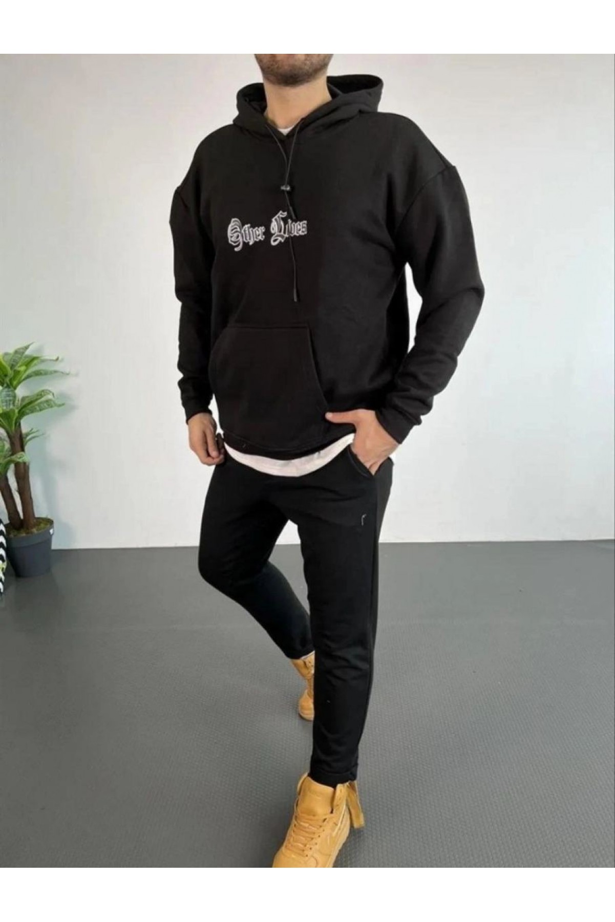 Erkek 3 İplik Pamuklu Kapüşonlu Baskılı Cepli Oversize Sweatshirt Hoodie - Siyah