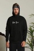 Erkek 3 İplik Pamuklu Kapüşonlu Baskılı Cepli Oversize Sweatshirt Hoodie - Siyah