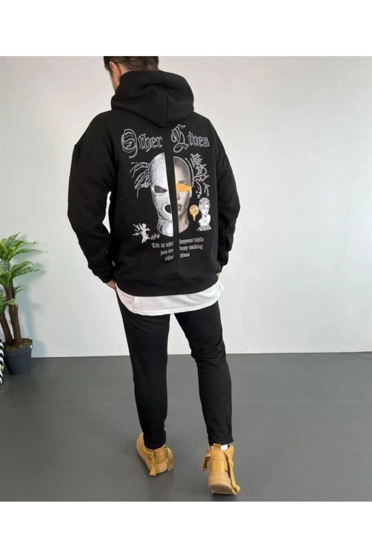 Erkek 3 İplik Pamuklu Kapüşonlu Baskılı Cepli Oversize Sweatshirt Hoodie - Siyah
