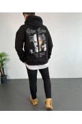 Erkek 3 İplik Pamuklu Kapüşonlu Baskılı Cepli Oversize Sweatshirt Hoodie - Siyah