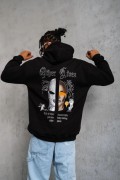 Erkek 3 İplik Pamuklu Kapüşonlu Baskılı Cepli Oversize Sweatshirt Hoodie - Siyah