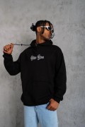 Erkek 3 İplik Pamuklu Kapüşonlu Baskılı Cepli Oversize Sweatshirt Hoodie - Siyah